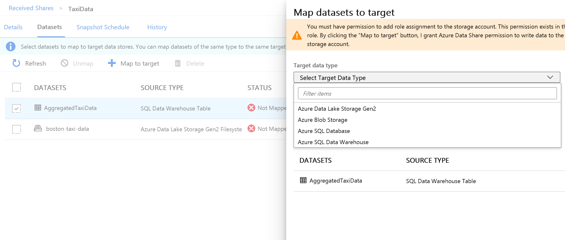 Skärmbild från Azure Portal av mappningsdatauppsättningar till målet.