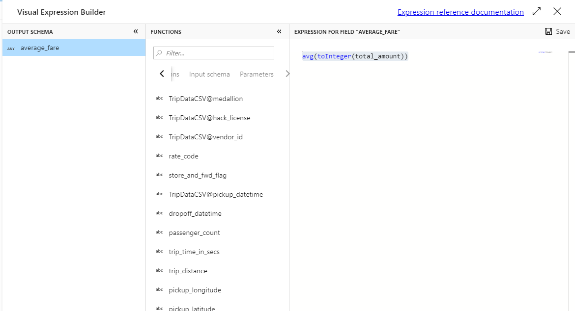 Skärmbild från Azure Portal av Visual Expression Builder som visar en mängdfunktion avg(toInteger(total_amount)).