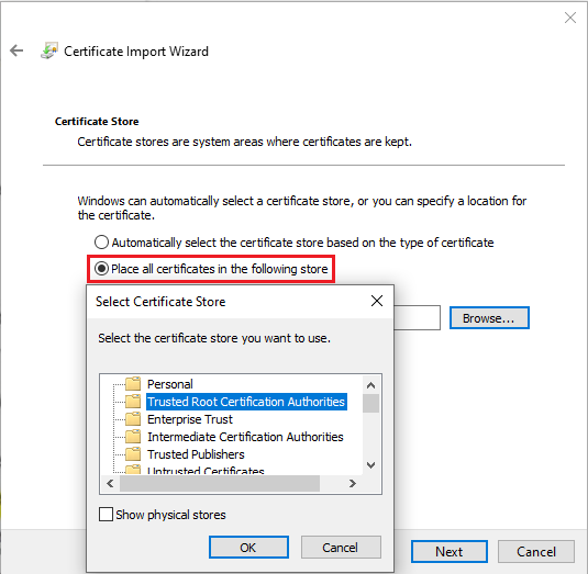 Skärmbild som visar hur du installerar certifikatet på alla noder.