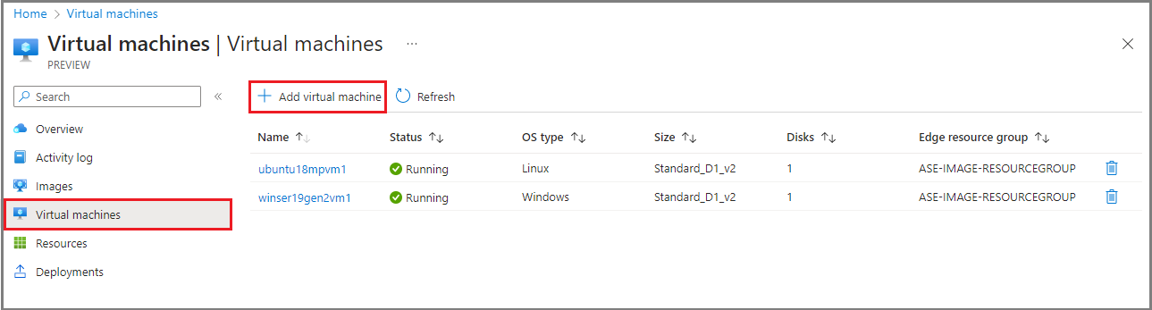 Skärmbild som visar alternativet Lägg till virtuell dator på sidan Virtuella datorer på en Azure Stack Edge-enhet i Azure Portal.
