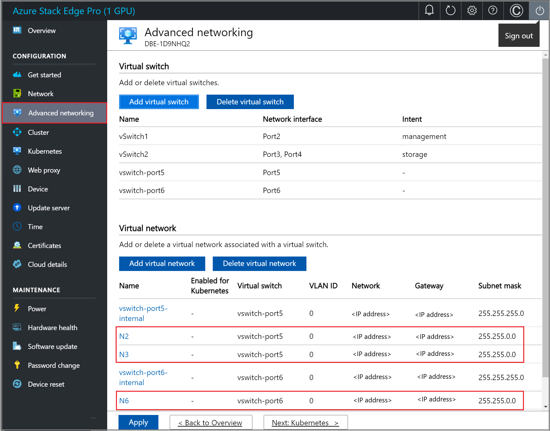 Skärmbild som visar sidan Avancerat nätverk i Azure Portal.
