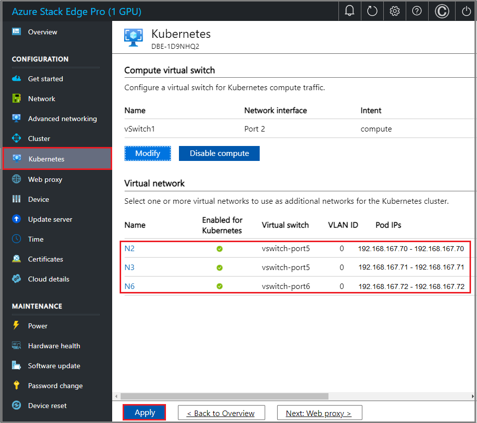 Skärmbild som visar Kubernetes-sidan med virtuella nätverk i Azure Portal.
