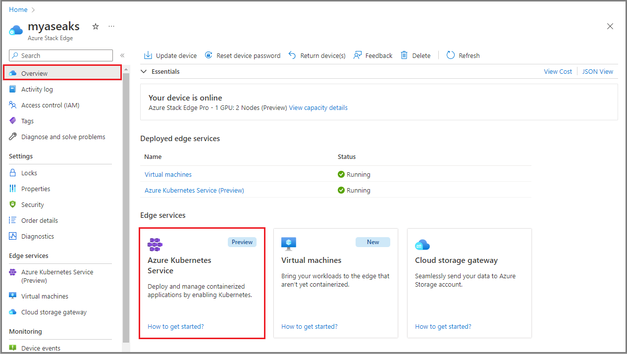 Skärmbild som visar sidan Översikt över Azure Stack Edge-resurs med panelen Azure Kubernetes Service vald.
