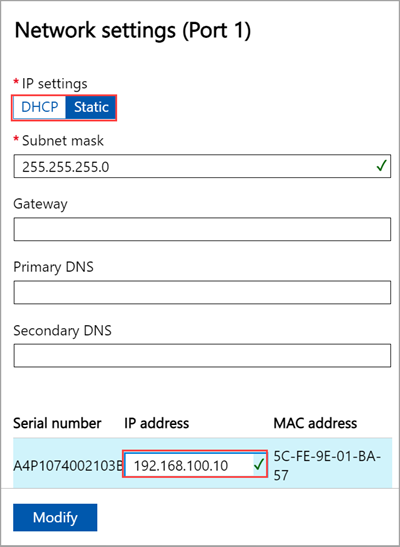 Skärmbild av inställningarna för Port 1-nätverk i det lokala webbgränssnittet för en Azure Stack Edge-enhet.