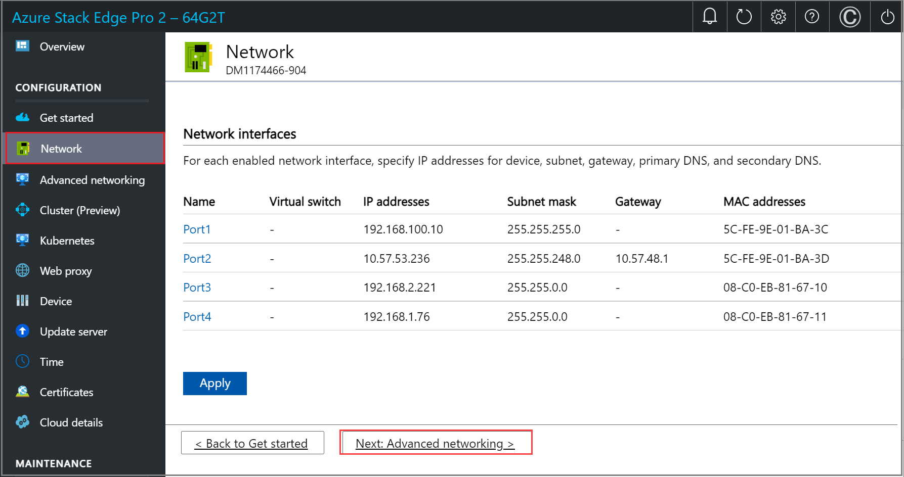 Skärmbild av sidan Nätverk i det lokala webbgränssnittet för en Azure Stack Edge-enhet vars nätverk har konfigurerats.