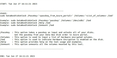 Skärmdump som visar exempelutdata från hjälpkommandot för Data Box Disk Unlock-verktyget.