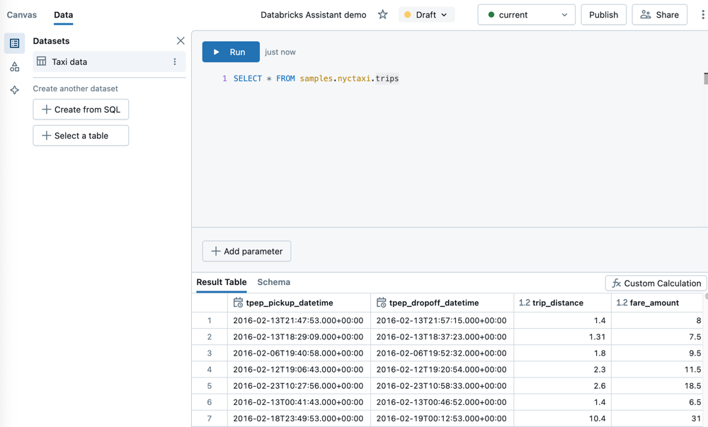 Datamängden som används i det här exemplet definieras av en SQL-fråga i exempelkatalogen