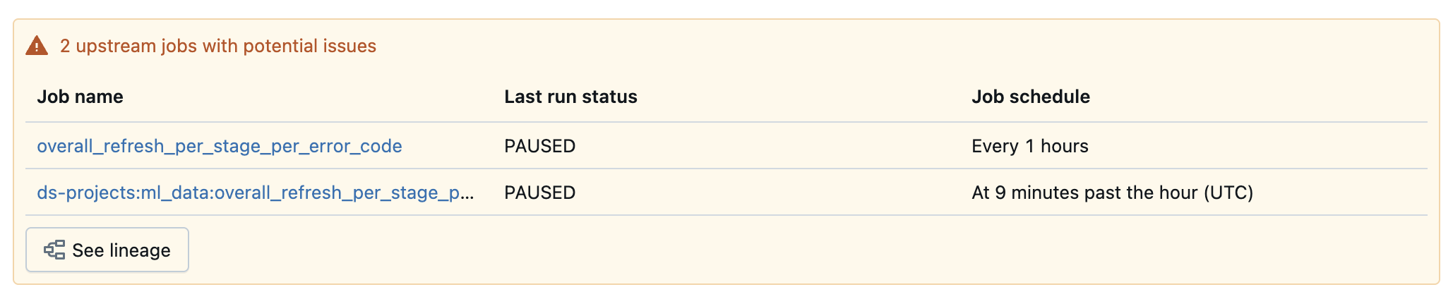 Ursprungsorsakstabell för detaljer om tabellkvalitet i användargränssnittet.