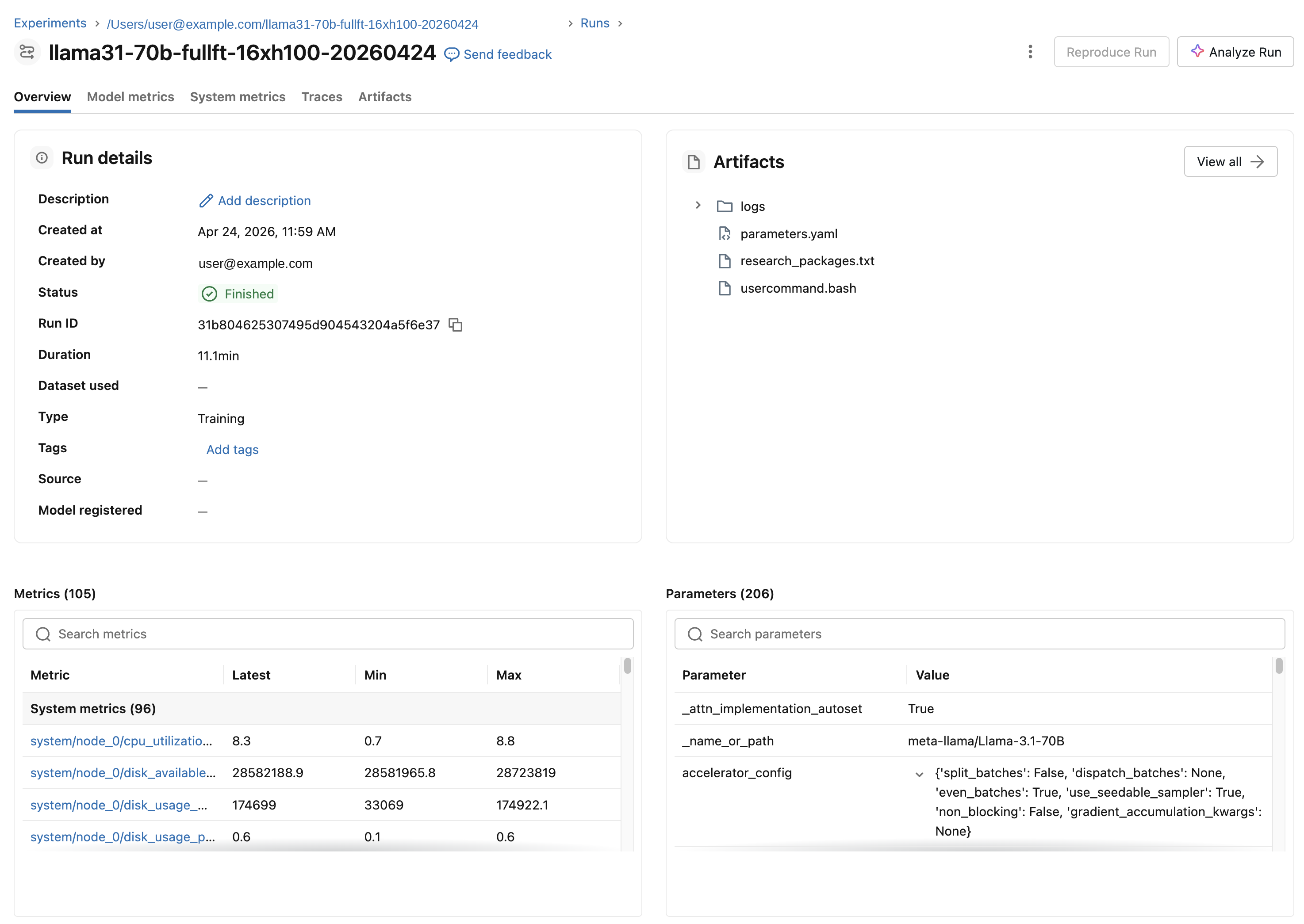 MLflow-körningssidan som visar mätvärden