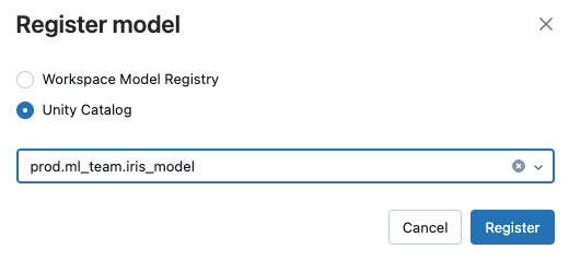 Dialog för att registrera modellversion med knapp