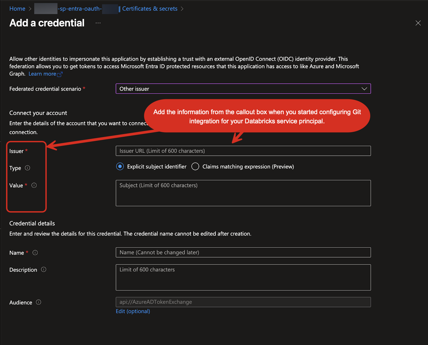 Detaljpanelen för tjänstprincipalen för Git-integrering. Kopiera informationen från den grå rutan.