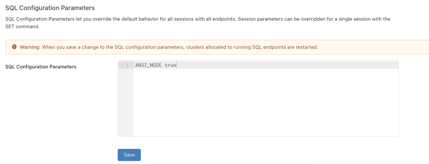 Skärmbild som visar ANSI_MODE inställd på true för alla SQL-lager