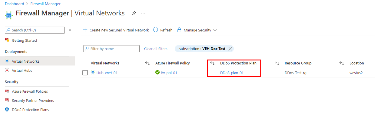 Skärmbild som visar virtuellt nätverk med DDoS Protection Plan.
