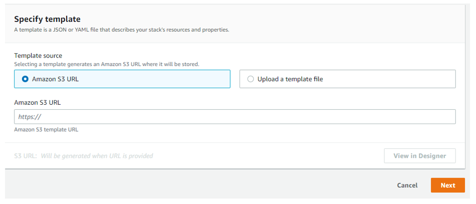 Screenshot that shows the Stack creation wizard with options for template sources.