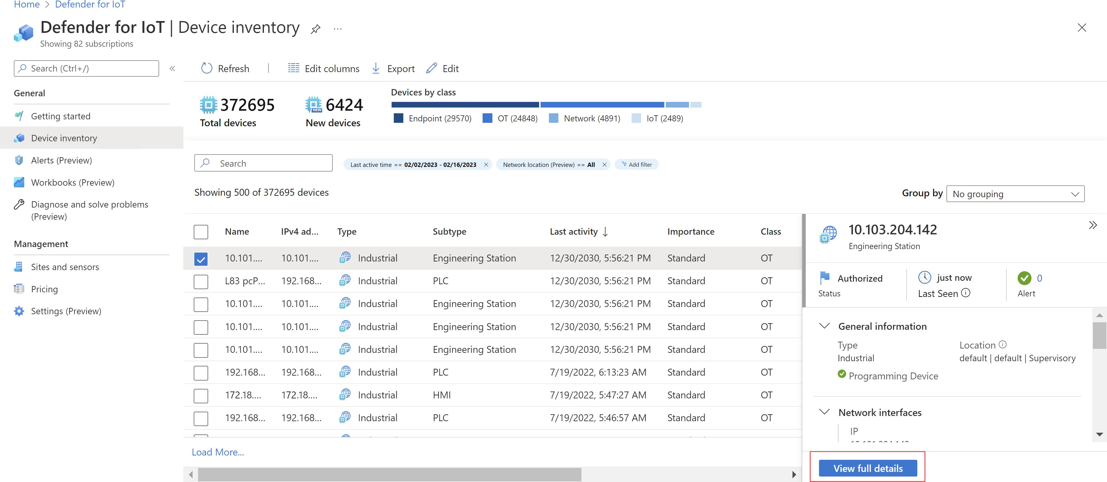Skärmbild av fönstret med enhetsinformation och knappen Visa fullständig information i Azure Portal.