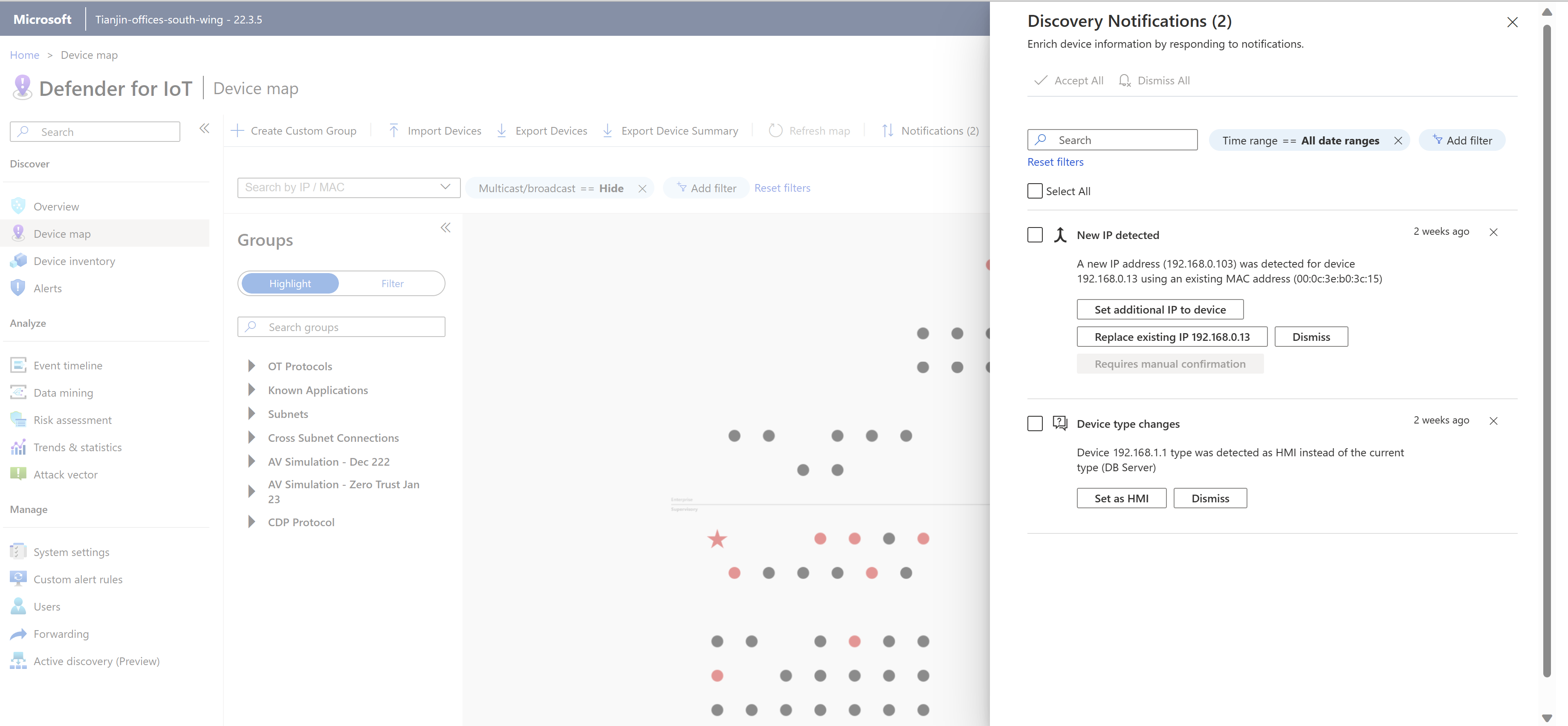 Screenshot of device notifications on an OT sensor's Device map page.
