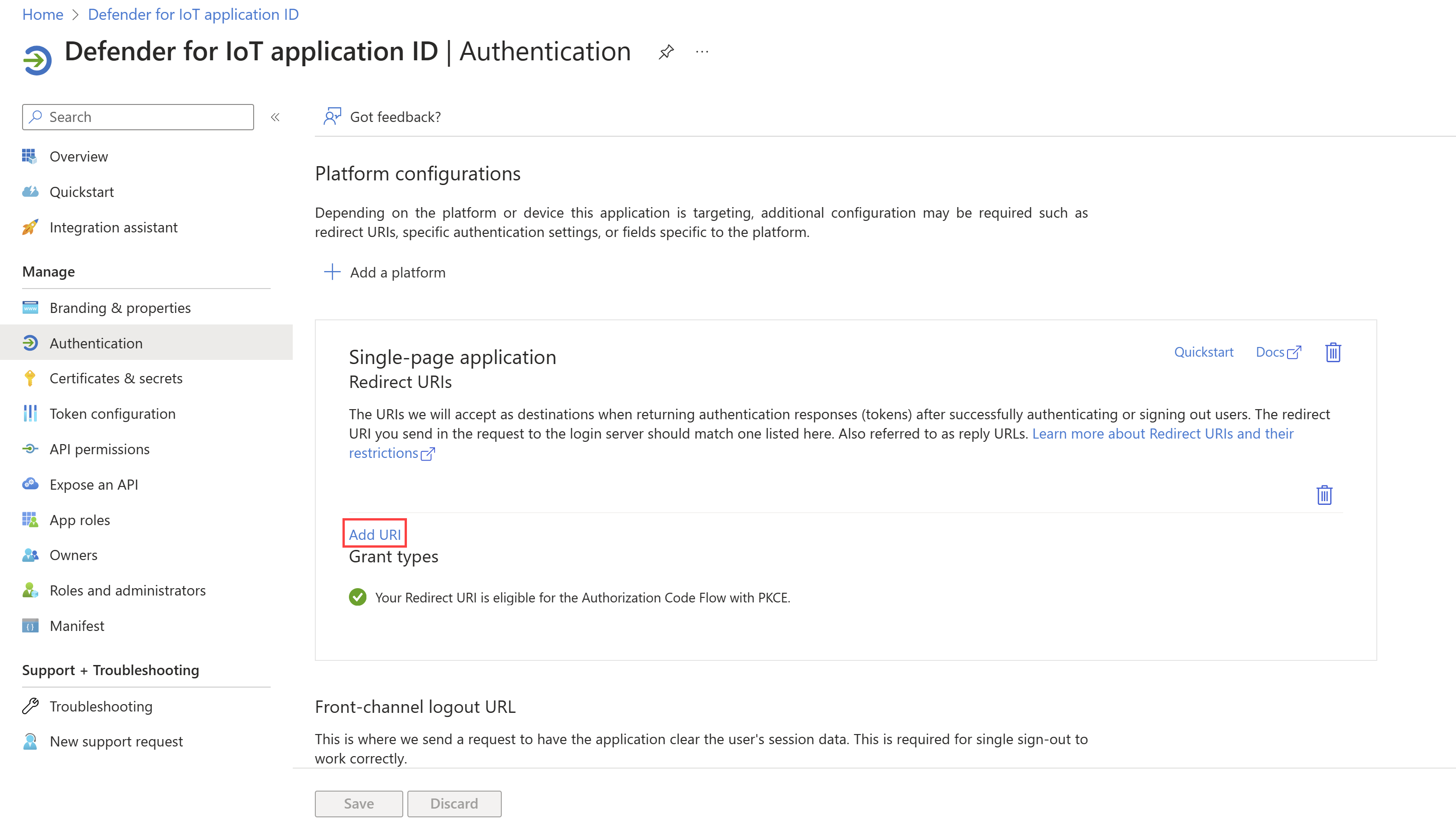 Skärmbild av hur du konfigurerar URI:er för ditt program på sidan Microsoft Entra-ID-autentisering.