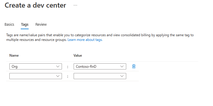 Skärmbild som visar fliken Taggar på sidan för att skapa ett utvecklingscenter.