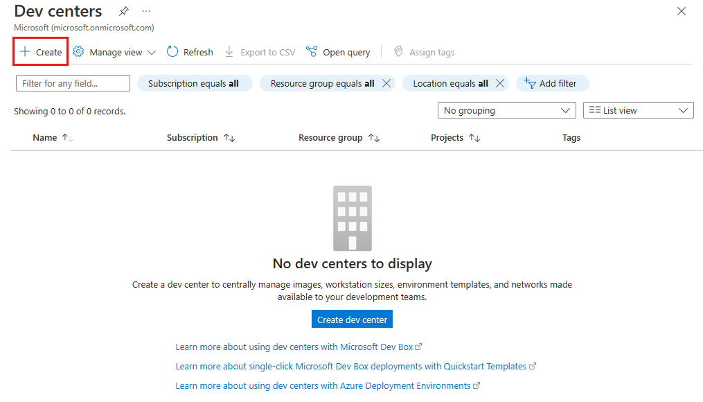 Skärmbild som visar Azure Portal med knappen Skapa på sidan för dev centers.