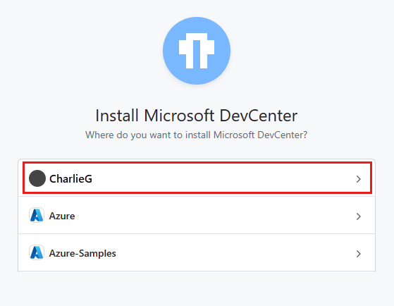 Skärmbild av sidan Installera Microsoft DevCenter med en GitHub-organisation markerad.