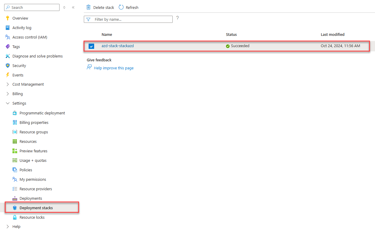 En skärmbild som visar en distributionsstack på prenumerationsnivå i Azure portal.