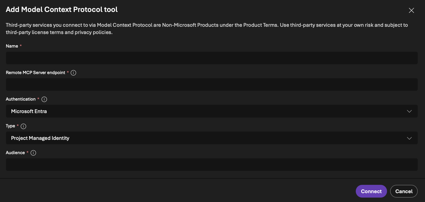 Skärmbild av anslutningsformuläret med fält för fjärr-MCP Server-slutpunkt, autentisering, målgrupp och anslut för att konfigurera en MCP-anslutning.