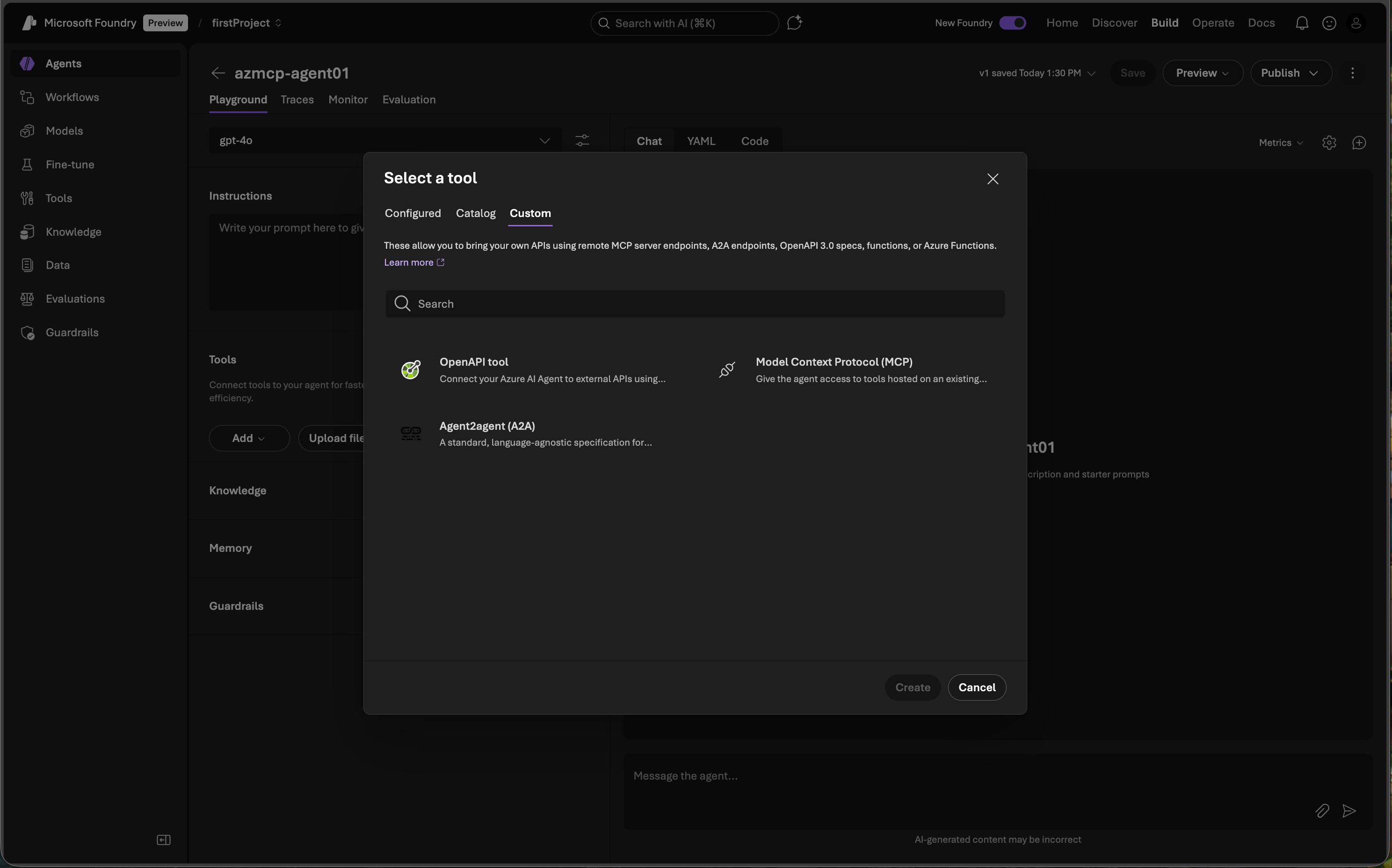 Skärmbild av sidan Skapa agent med Modellkontextprotokoll valt för att skapa en MCP-anslutning.