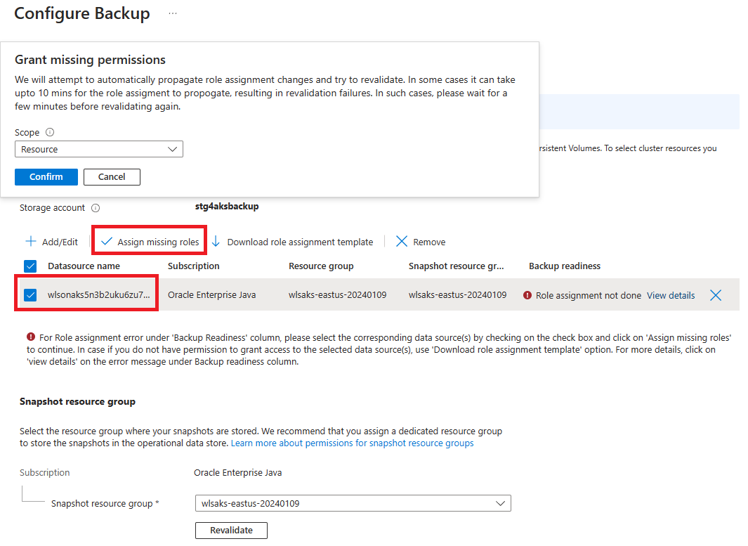 Skärmbild av Azure-portalen som visar AKS Configure Backup Validation (Konfigurera säkerhetskopieringsverifiering).