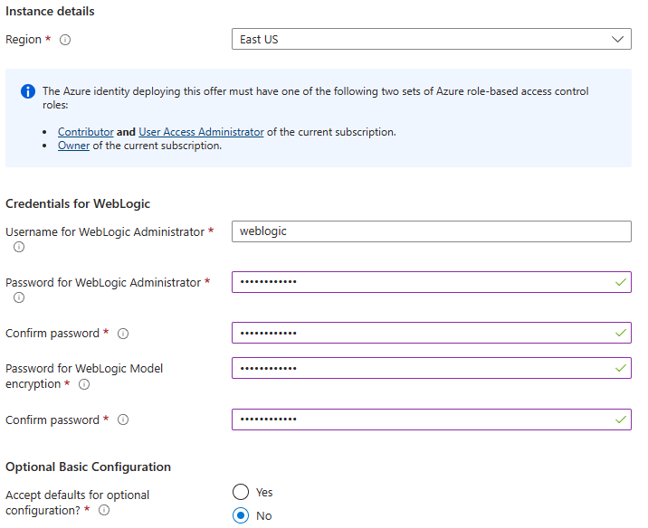 Skärmbild av Azure-portalen som visar fönstret Oracle WebLogic Server i AKS Basics.