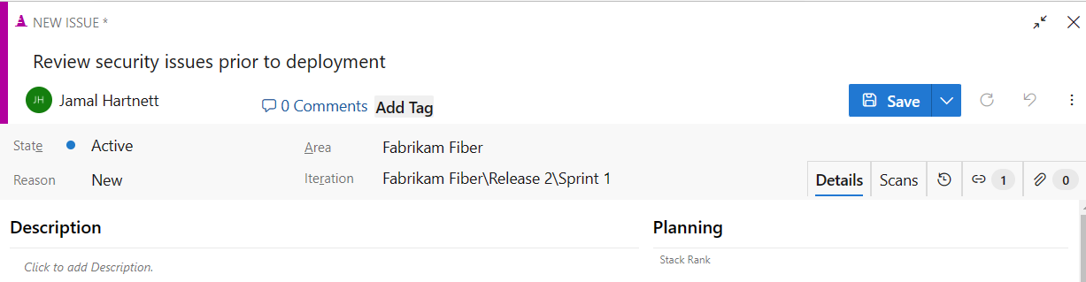 Skärmbild av nytt arbetsärende som har lagts till.
