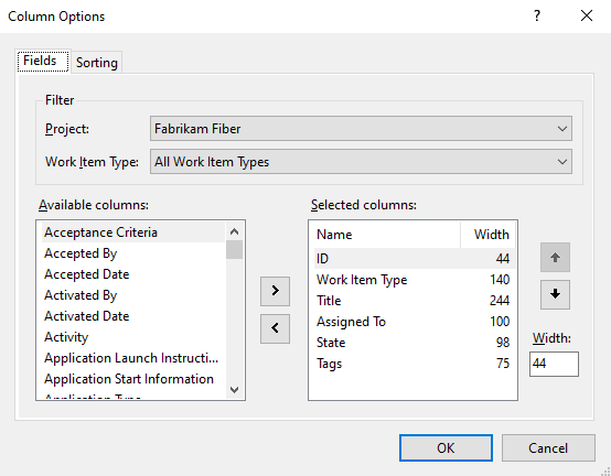 Skärmbild visar dialogrutan Kolumnalternativ, Visual Studio, fliken Fält.