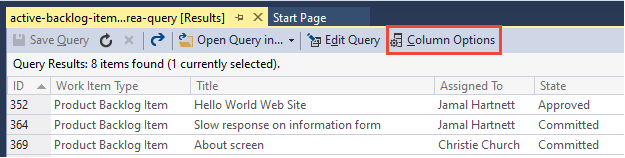 Skärmbild av Frågeresultat, Visual Studio, öppna Kolumnalternativ.