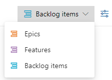 Skärmbild av nivåväljare för backlog för Scrum-processen.