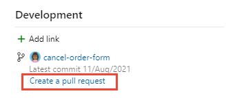 Skärmbild av utvecklingskontrollen, länken Skapa pull-begäran.
