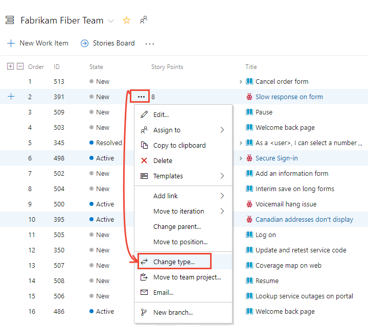 Backlog, multi-select, open actions menu, choose Change type option (Alternativ för ändringstyp)