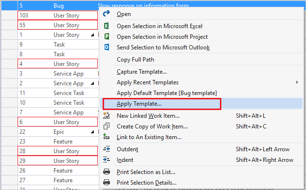 Screenshot som visar hur du väljer åtgärden Använd mall för valda arbetsobjekt i Visual Studio med Power Tools.