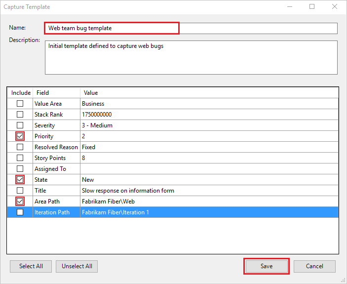 Screenshot som visar hur du konfigurerar fält i dialogrutan Avbilda mall i Visual Studio med Power Tools.
