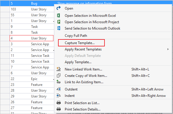 Screenshot som visar hur du avbildar fältdefinitioner för arbetsobjekt som en mall i Visual Studio med Power Tools.