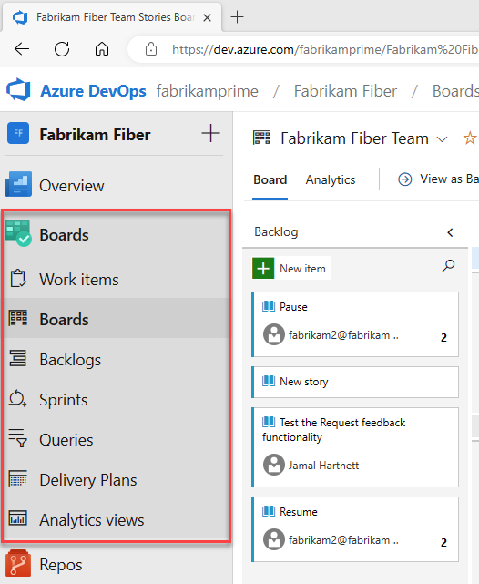 Skärmbild som visar hubbar i Azure-tavlor-menyn, inklusive arbetsobjekt, styrelser, kvarvarande uppgifter, sprintar, frågor, leveransplaner och analysvyer.