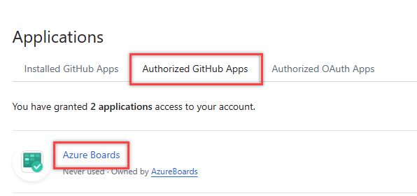 Skärmbild av fliken Auktoriserade OAuth-appar och välj Azure Boards.