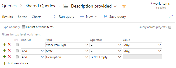 Skärmbild som visar filtrering efter html-fält som inte är tomma.