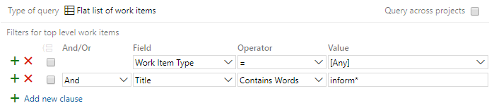 Skärmbild som visar hur du använder ett jokertecken med operatorn Contains Words.