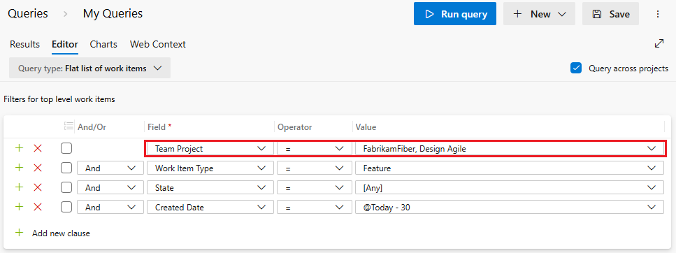 Skärmbild av Editor Power Query med Team Project och andra fält som lagts till i filter.