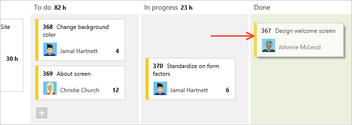 Skärmbild av Aktivitetstavla, dra och släpp för att uppdatera status.