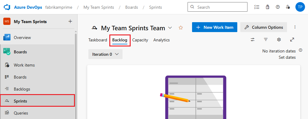 Skärmbild som visar hur du öppnar fliken Kvarvarande uppgifter på sidan Sprint för ett team.