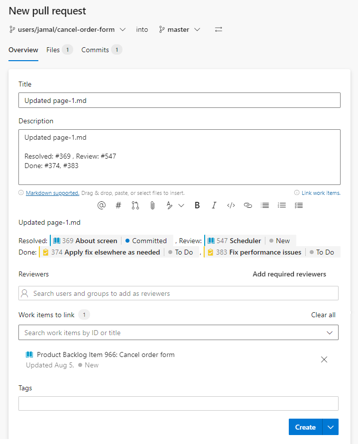 Skärmbild av pull request, sätt arbetsflödesstatus till transition för #ID arbetsobjekt.