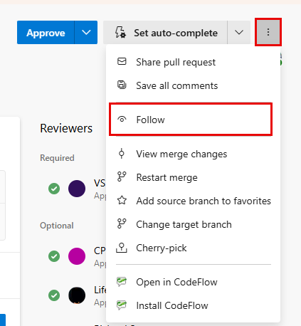 Skärmbild som visar snabbmenyn Pull Request med alternativet ikonen Följ.