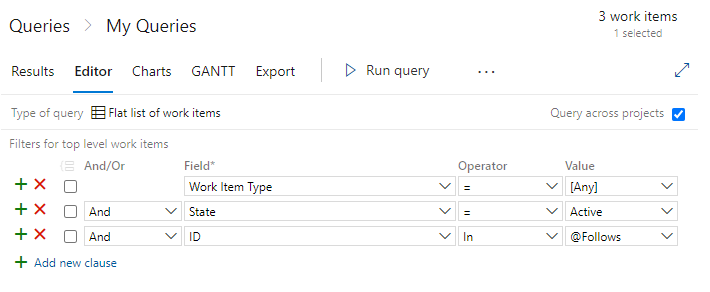 Screenshot som visar Editor Power Query med ID i @Follows frågeklausul