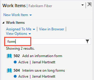 Skärmbild av sidan Visual Studio, Team Explorer, Arbetsobjekt, Filtrera baserat på ett nyckelord.