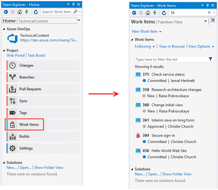Skärmbild av Visual Studio, Team Explorer, Open Work Items hub.